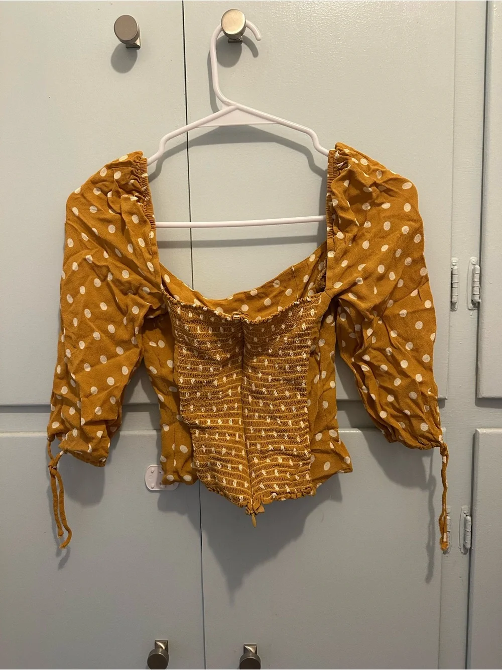 Reformation Mustard Yellow Polka Dot Puff Sleeve Crop Top